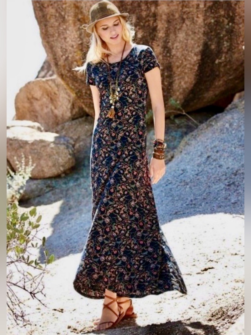 Peruvian Connection Pima Cotton Blend Floral Print Maxi Dress with Scoop Neck